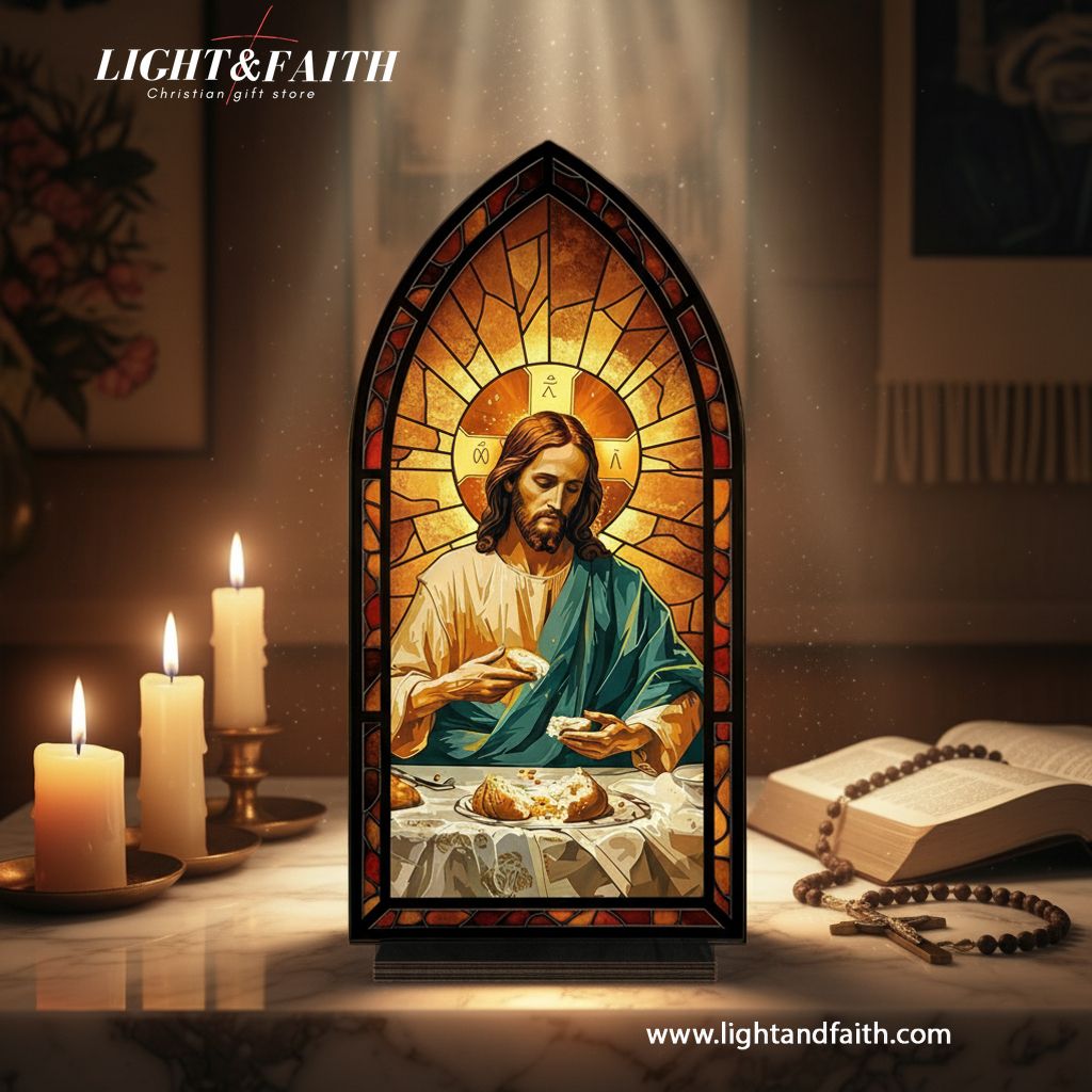 Christian Jesus Book Nook Decor, Last Supper LED Light, Stained Glass Window Style, Religious Home Altar Decoration, Faith Gift for Easter or Christmas BNLAF14